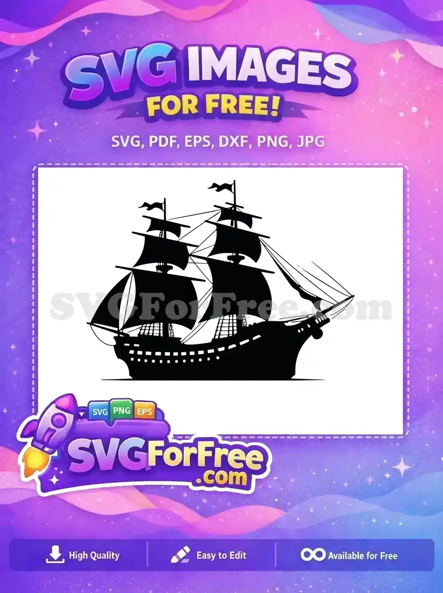 A silhouette of a grand free pirate ship, sails unfurled, showcasing intricate rigging and a classic free design. Ideal for themed projects.
