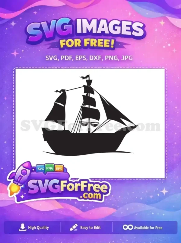 A detailed black silhouette of a vintage sailing ship, offering a free design for various creative projects. This free vector is versatile.