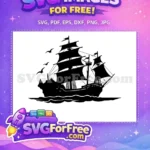 Free Pirate Galleon Ship Free Black Silhouette with Birds Ocean Free SVG - Instant Download