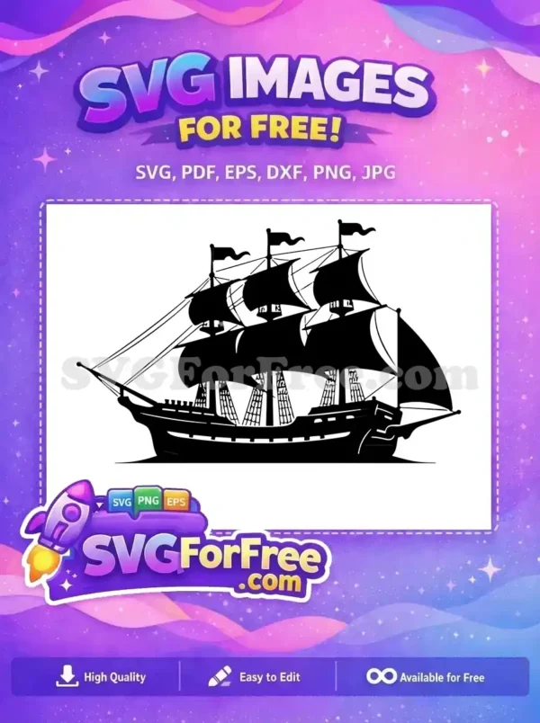 A free detailed silhouette of a three-masted sailing ship, perfect for various free craft projects and digital designs. Download this free SVG today!