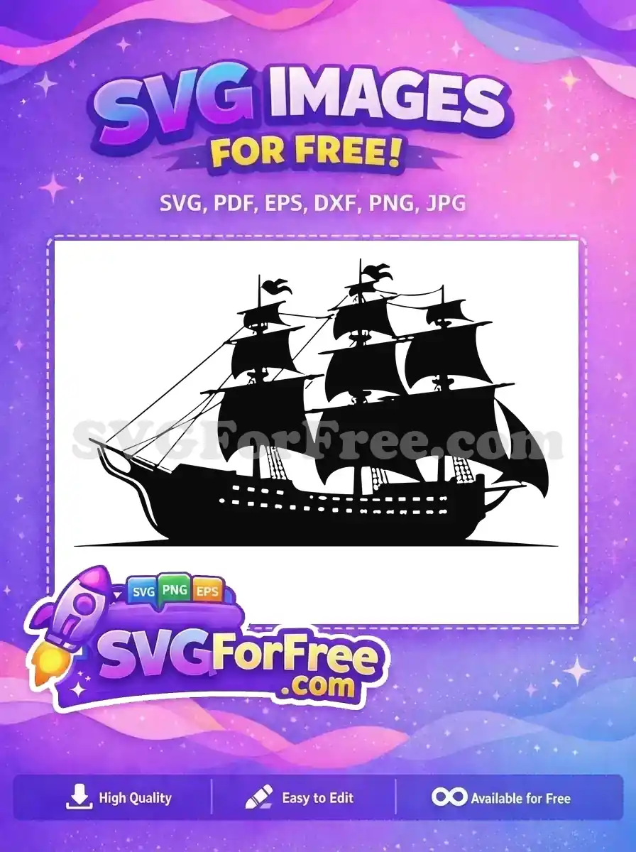 A detailed black silhouette of a majestic pirate ship, a free SVG design perfect for historical or adventure themes. Free vector art.