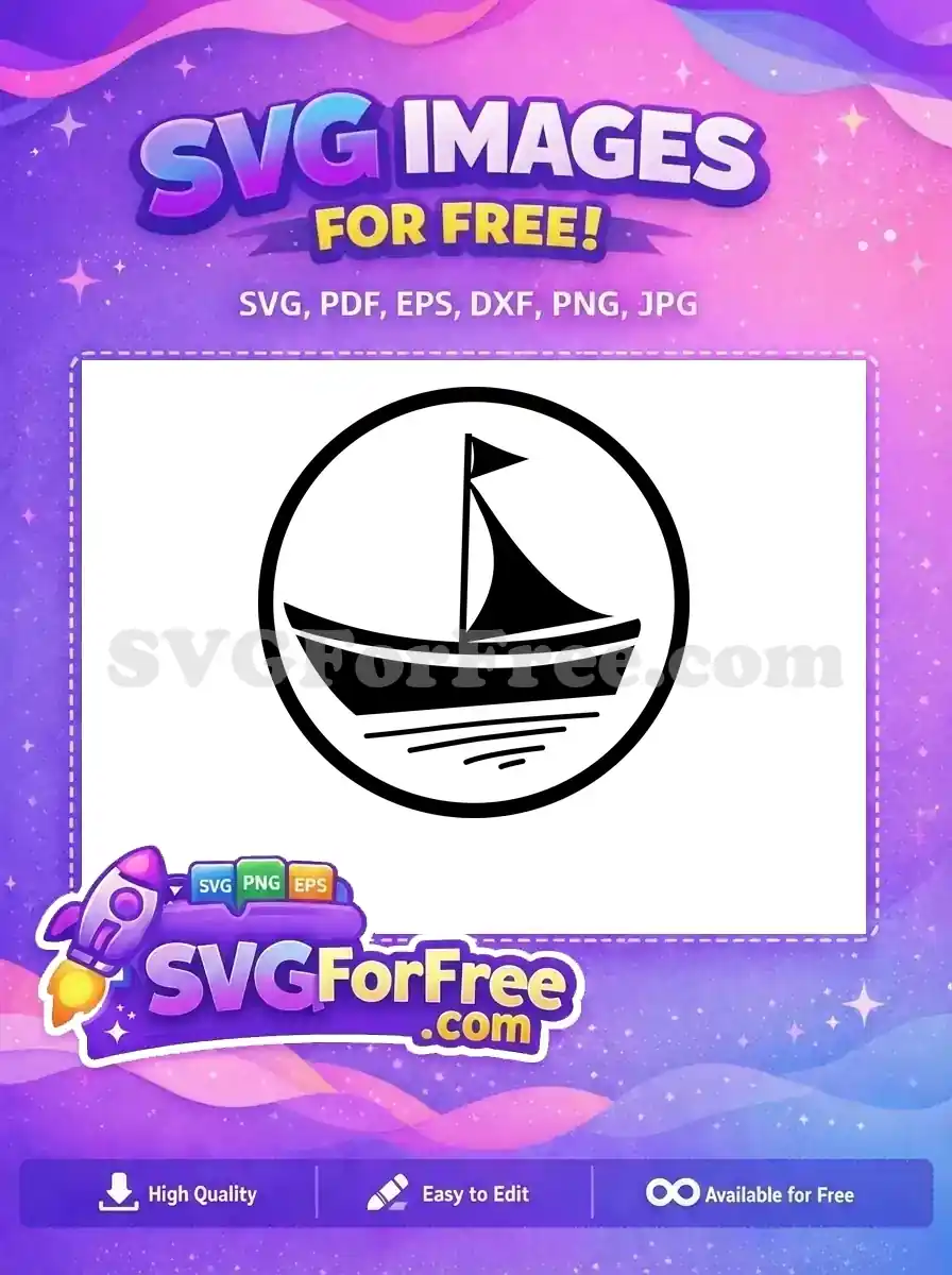 A free minimalist black sailboat icon within a bold circular frame, symbolizing adventure and freedom. This free design is ideal for various creative projects.