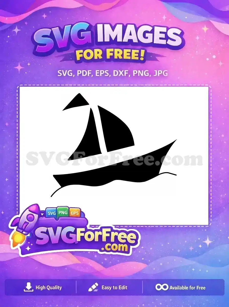 Free minimalist sailboat SVG design, a sleek black silhouette icon sailing on calm waters, ideal for nautical themes.