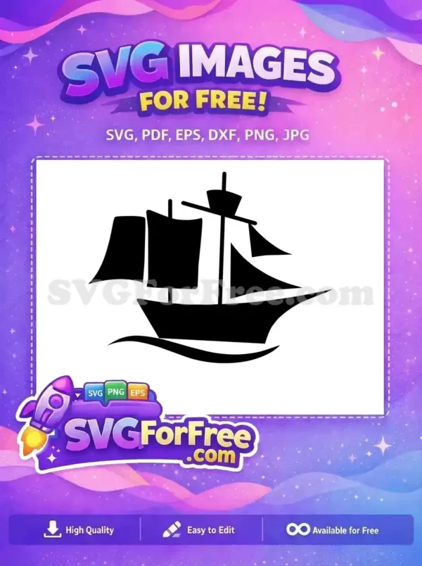 A captivating free ship silhouette SVG, featuring a multi-masted vessel with full sails riding ocean waves. This free design is perfect for nautical themes.