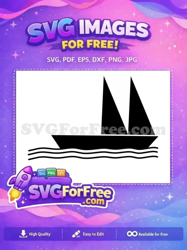 Download this free sailboat vector art, a sleek black silhouette icon floating on stylized waves. Perfect for any free nautical design project.