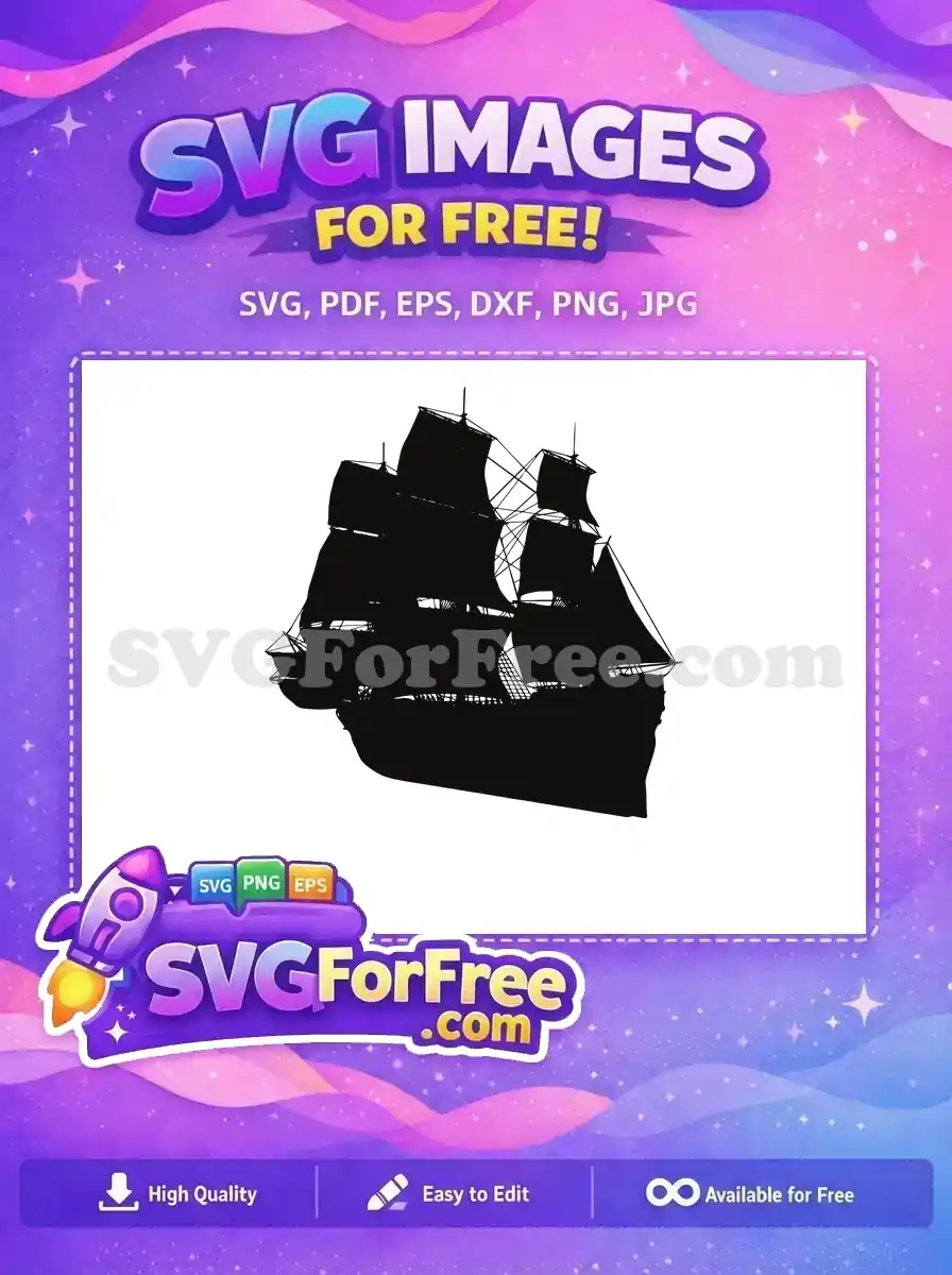 A detailed free SVG silhouette of a majestic old sailing ship, showcasing its full rigging and multiple billowing sails. Ideal free vector design.