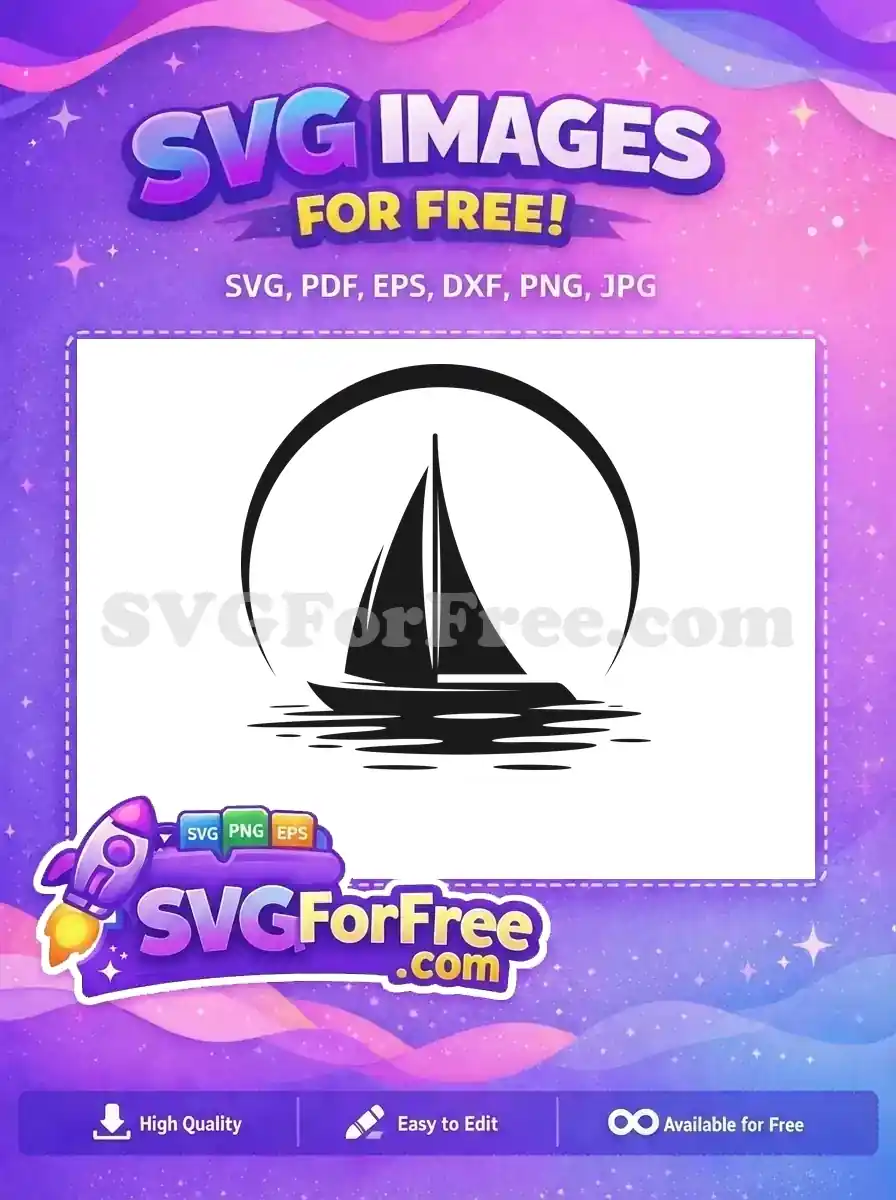 A serene black and white sailboat icon, elegantly cruising on stylized waves beneath a graceful arc. This free design is perfect for captivating nautical themes.
