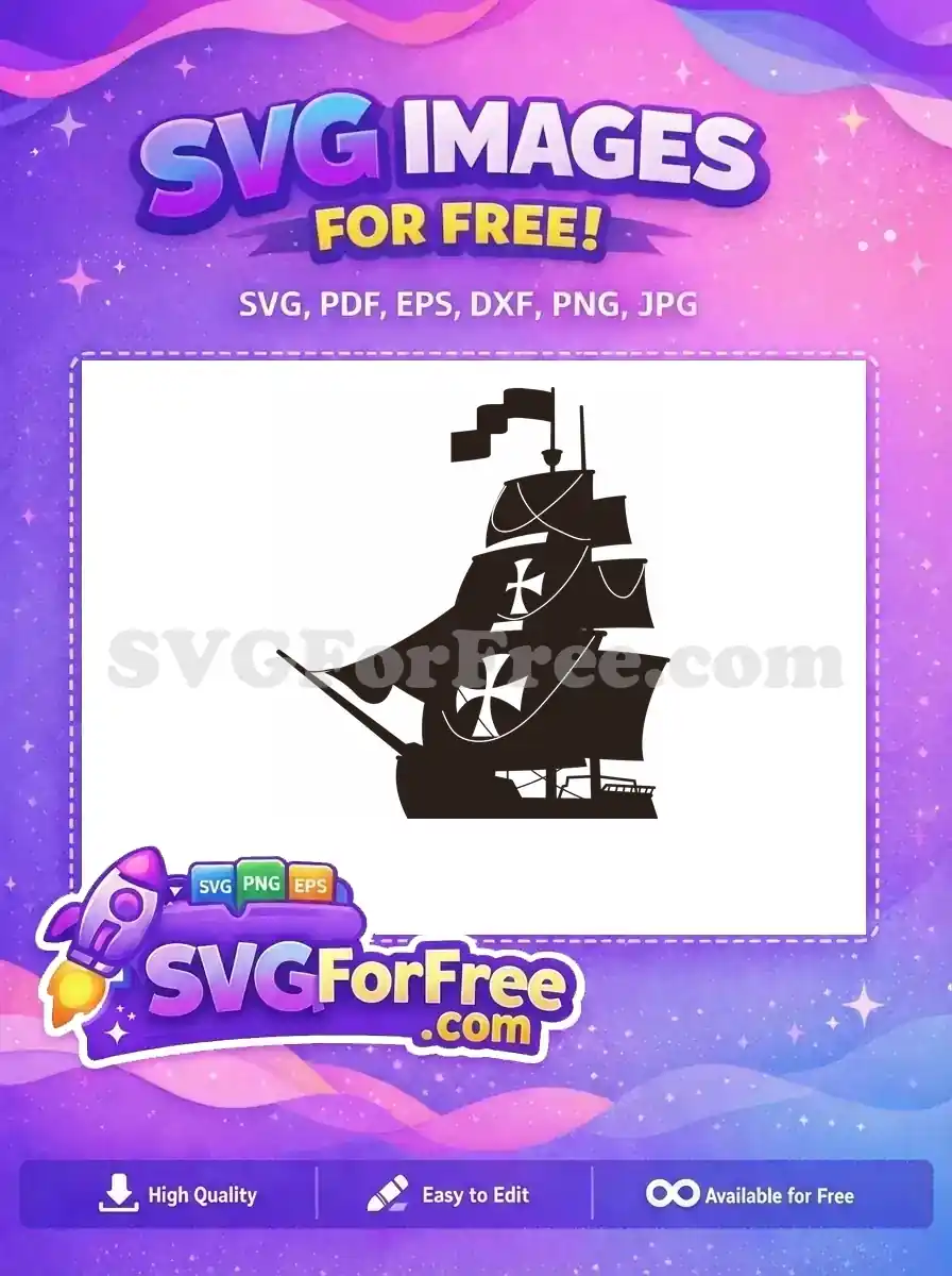 A stunning free SVG silhouette of a detailed historical sailing ship, featuring prominent crosses on its sails, ready for your next creative project.