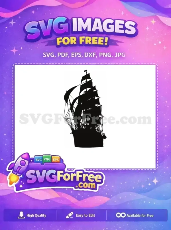 A majestic free design of a grand sailing ship silhouette, unfurling multiple sails against a dark background, offering free creative possibilities.