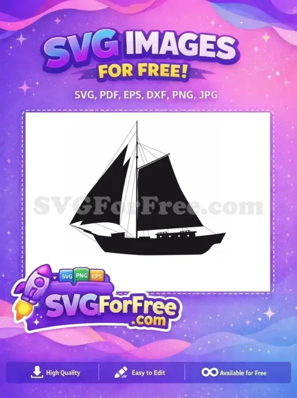 Free Classic Sailboat Silhouette SVG – Nautical Free Design A majestic free sailboat silhouette, showcasing a multi-masted vessel. This free design is ideal for nautical projects, offering crisp lines and timeless appeal.
