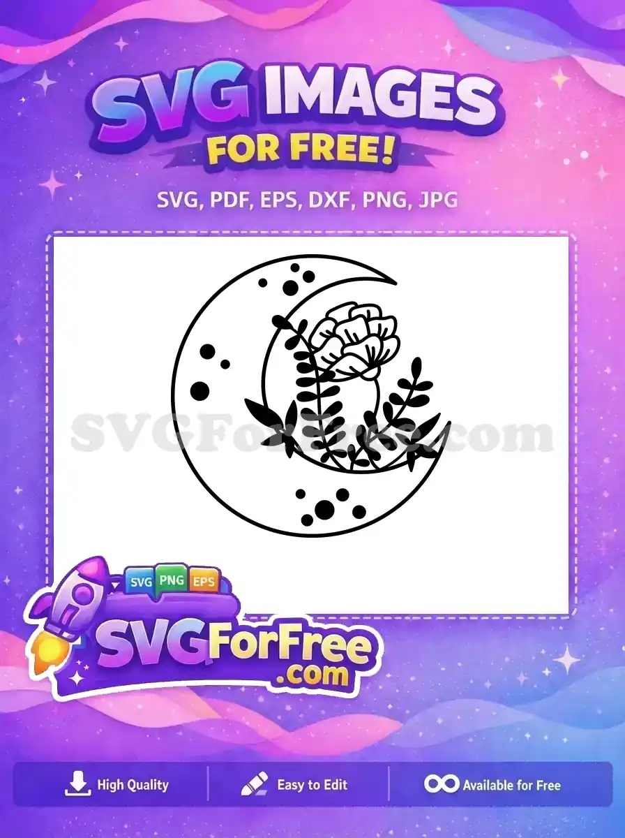 A beautiful free SVG of a crescent moon cradling a delicate flower and lush foliage, perfect for celestial crafts.