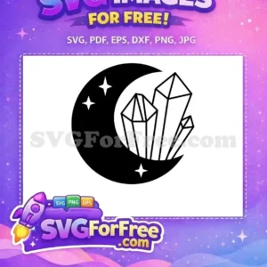 A free crescent moon with three stars and detailed crystal outlines, perfect for mystical free craft projects.
