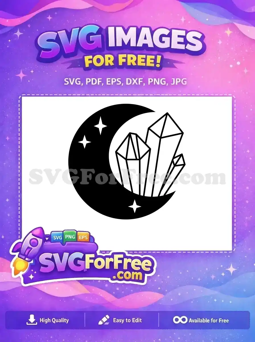A free crescent moon with three stars and detailed crystal outlines, perfect for mystical free craft projects.