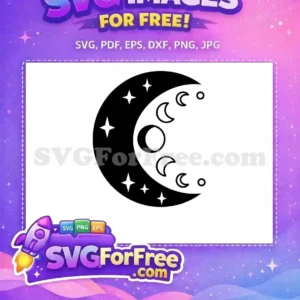 A free design featuring a large black crescent moon with sparkling stars and outline moon phases. Celestial free graphic.