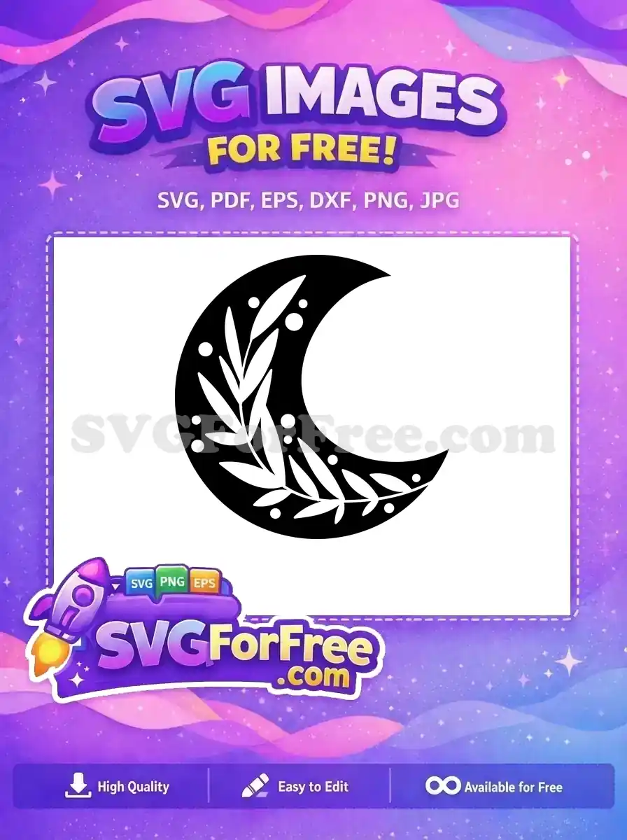 A free black crescent moon SVG design adorned with elegant white botanical leaves and shimmering dots. A truly free mystical graphic.