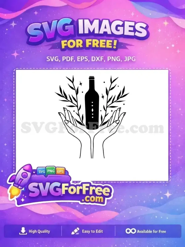 This free design showcases mystical hands holding a bottle, surrounded by elegant leaves and sparkling stars. A versatile free SVG.