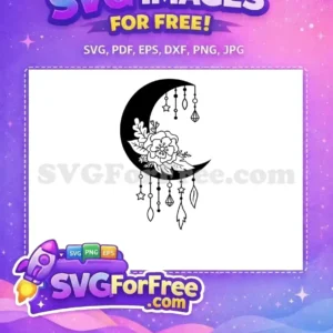 Free Celestial Moon Floral SVG Design for Crafting A free mystical crescent moon SVG with beautiful floral details and dangling charms, perfect for crafters.