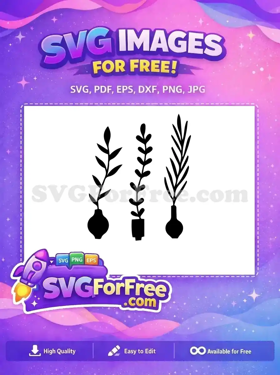 A free SVG design showing three distinct, stylized black plant silhouettes in various pots, ideal for nature-themed projects.