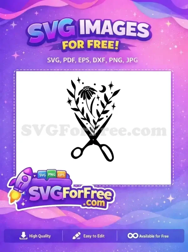 A free whimsical black and white SVG showing open scissors with a flower, leaves, stars, and moon emerging, ideal for crafting.