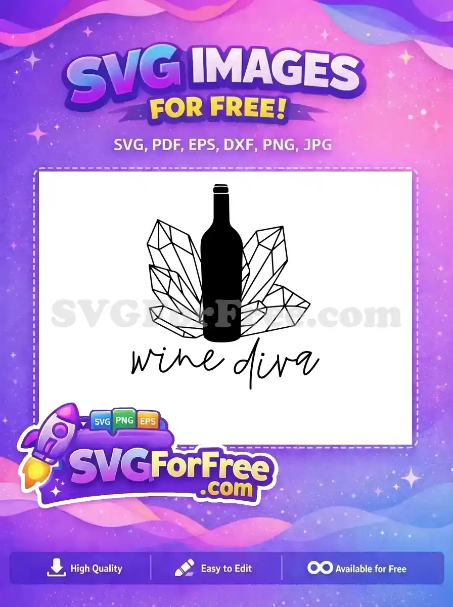 A chic free Wine Diva SVG design featuring a black wine bottle silhouette flanked by geometric crystal outlines with script text, a fantastic free design.