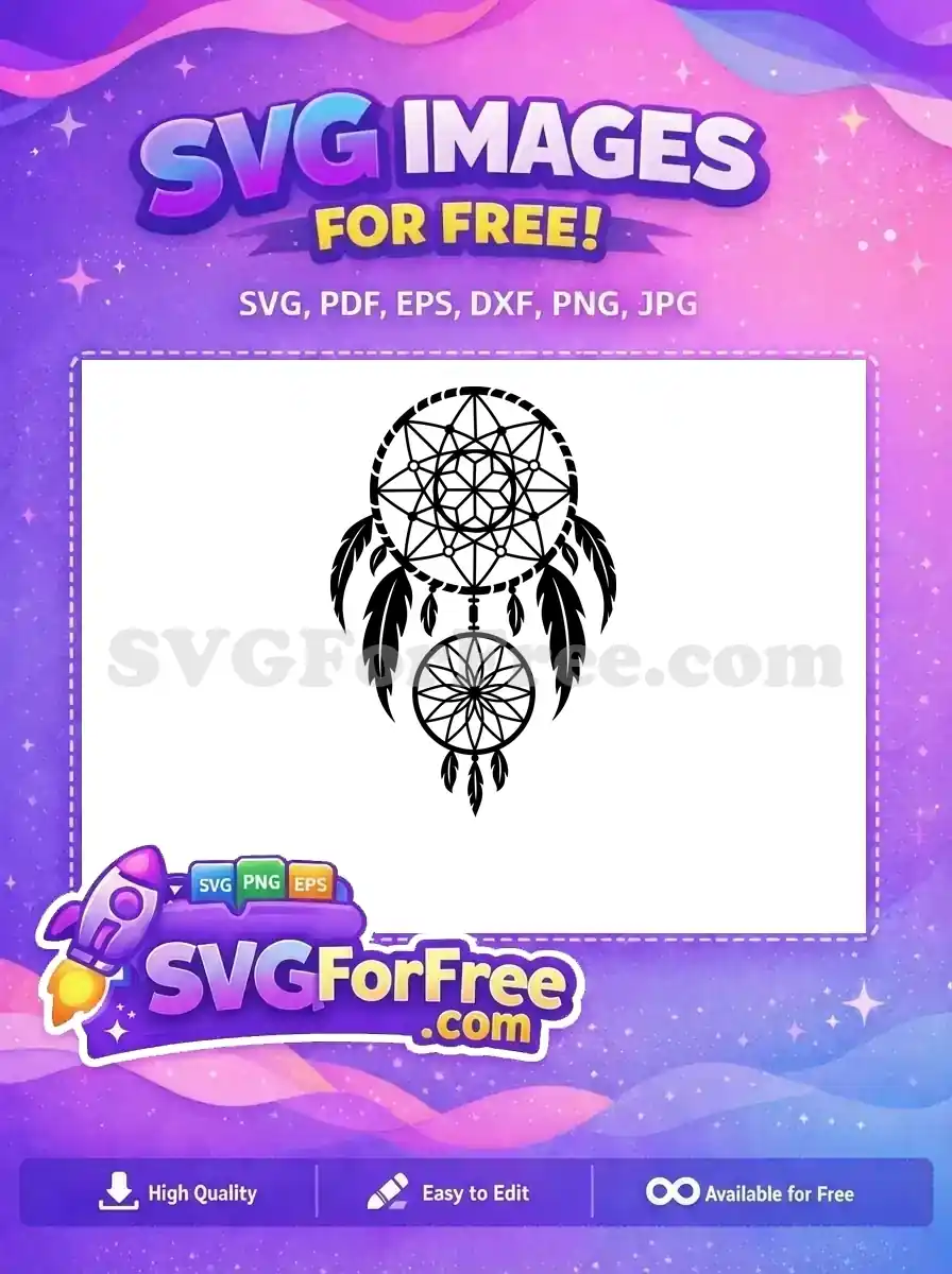 A detailed black and white free dream catcher SVG design, featuring intricate web patterns and hanging feathers, ideal for free craft projects.