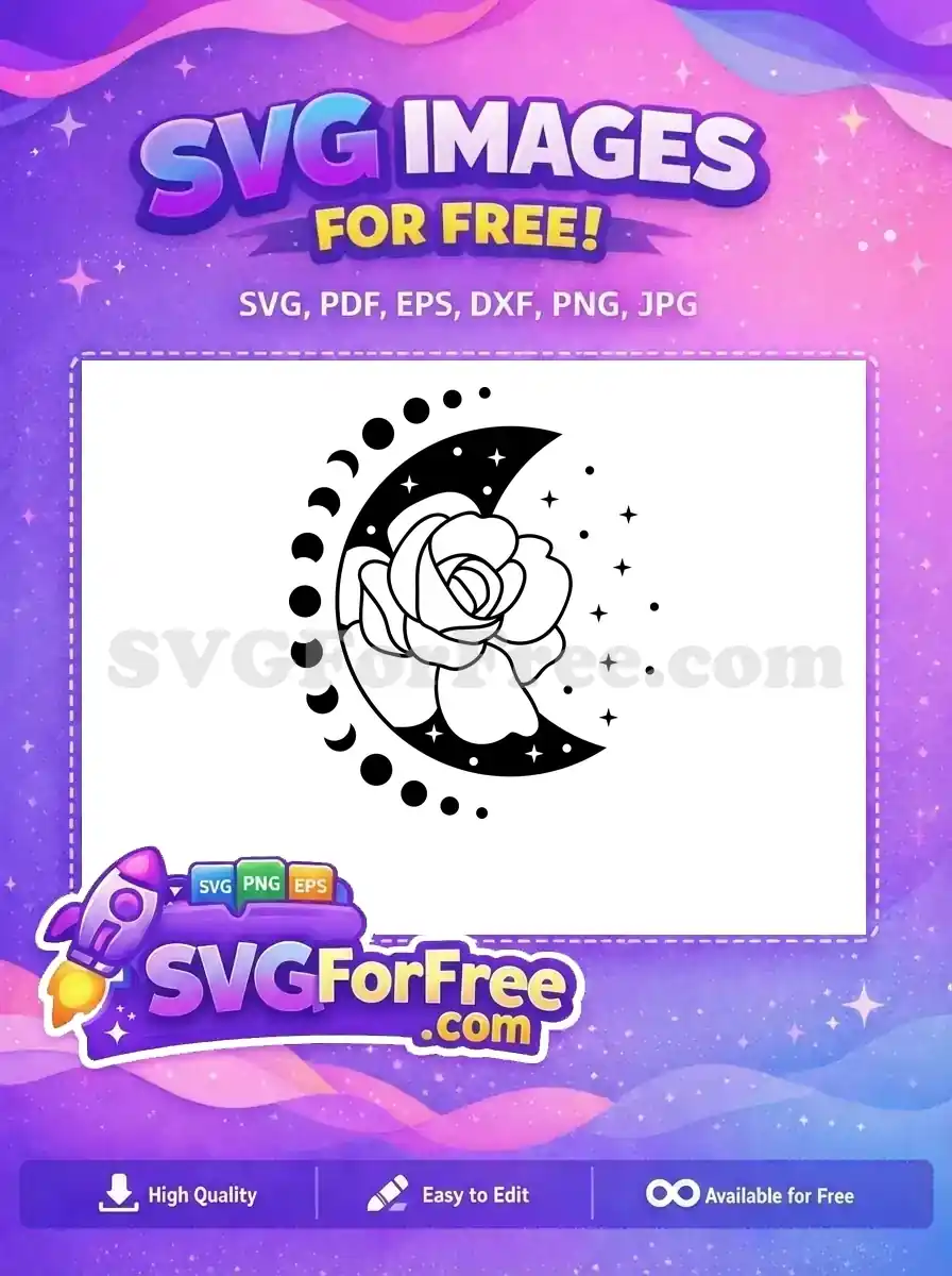 Discover this free celestial rose and moon phases SVG design, perfect for adding mystical beauty to any project, available for free download.