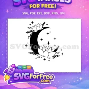 Free celestial moon with blooming lotus flowers and sparkling stars, an elegant free design for spiritual crafts. Download this free SVG.