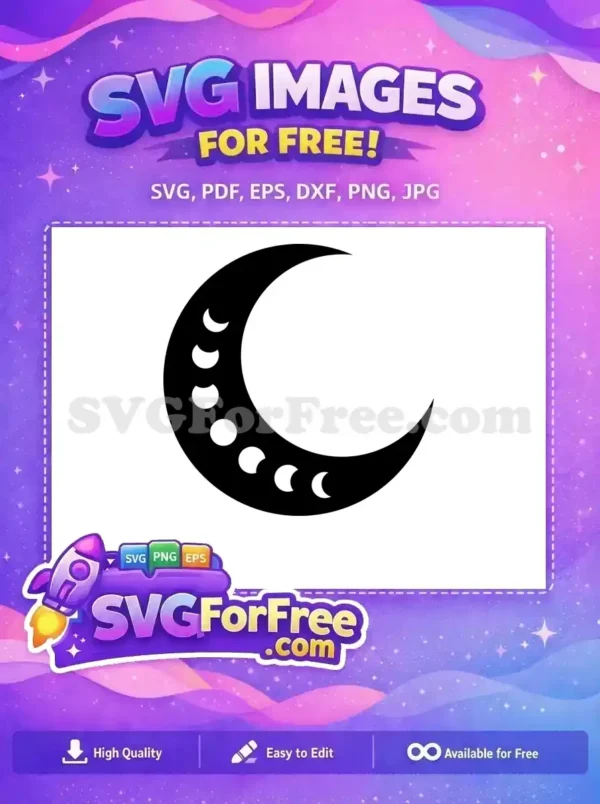 A stunning free design of a bold black crescent moon, intricately detailed with several smaller white moon phase icons along its curve. Ideal for magical crafts.
