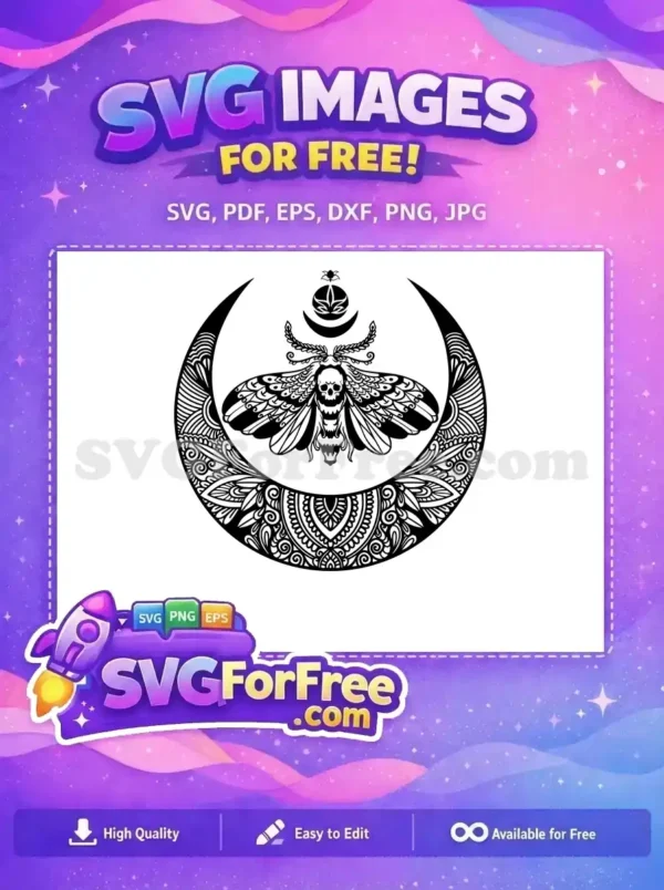 Free Mystic Moth & Moon SVG Design – Detailed Vector Art Discover this free design: an intricate moth with a skull on its body, set against a decorated crescent moon. This free SVG is ideal for gothic, mystical, or bohemian themes, offering versatile use.