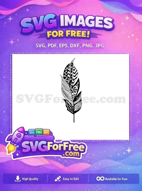 Free Tribal Feather SVG – Intricate Bohemian Pattern Design Detailed free SVG feather design featuring diverse tribal and bohemian patterns, ideal for crafts and artistic projects. Download this free vector.