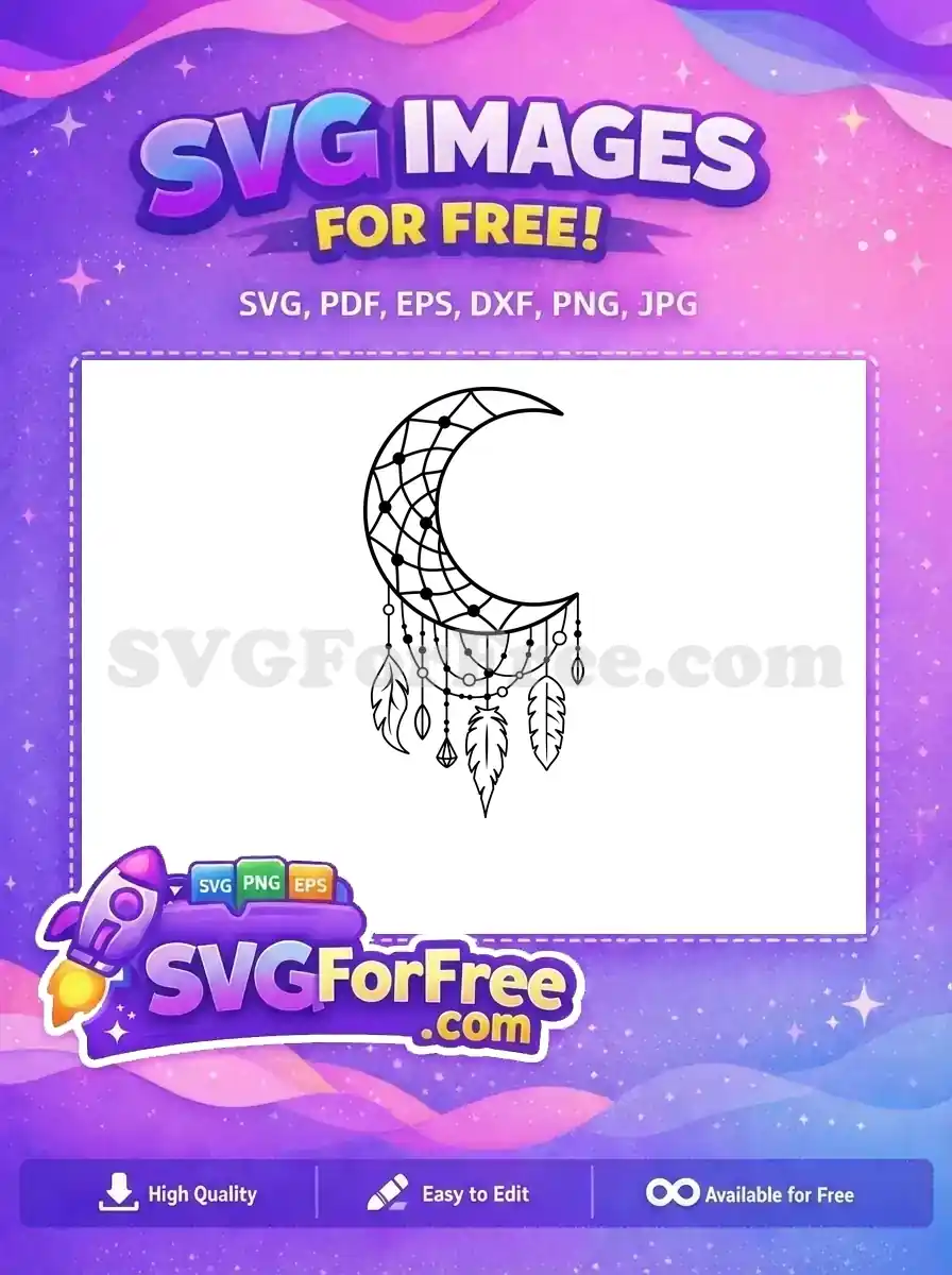 A beautiful free dream catcher design featuring a crescent moon, intricate web, dangling feathers, and beads. A stunning free SVG for crafts!
