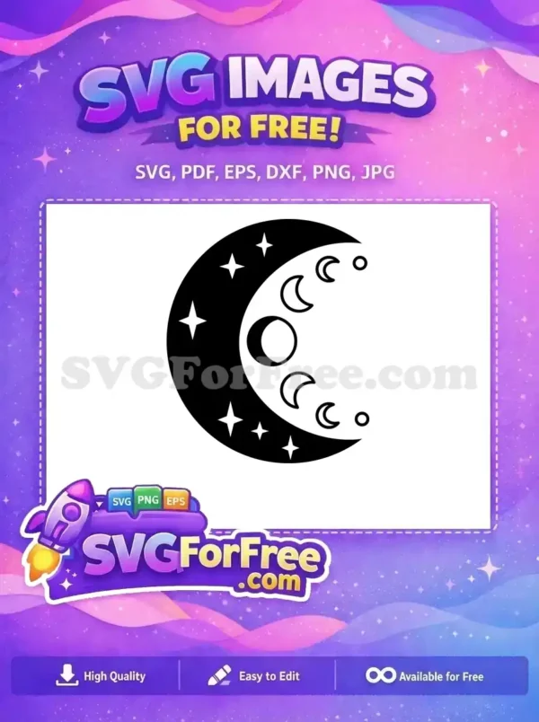 Free Moon Phases & Stars SVG Design – Mystical & Free! A free celestial crescent moon design with sparkling stars and outlined moon phases, ready for your creative projects. Download free!