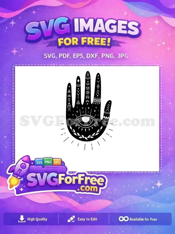 A free design featuring a mystical hand with an all-seeing eye, adorned with various spiritual symbols like stars, moons, and triangles, radiating an aura of protection and mystery.