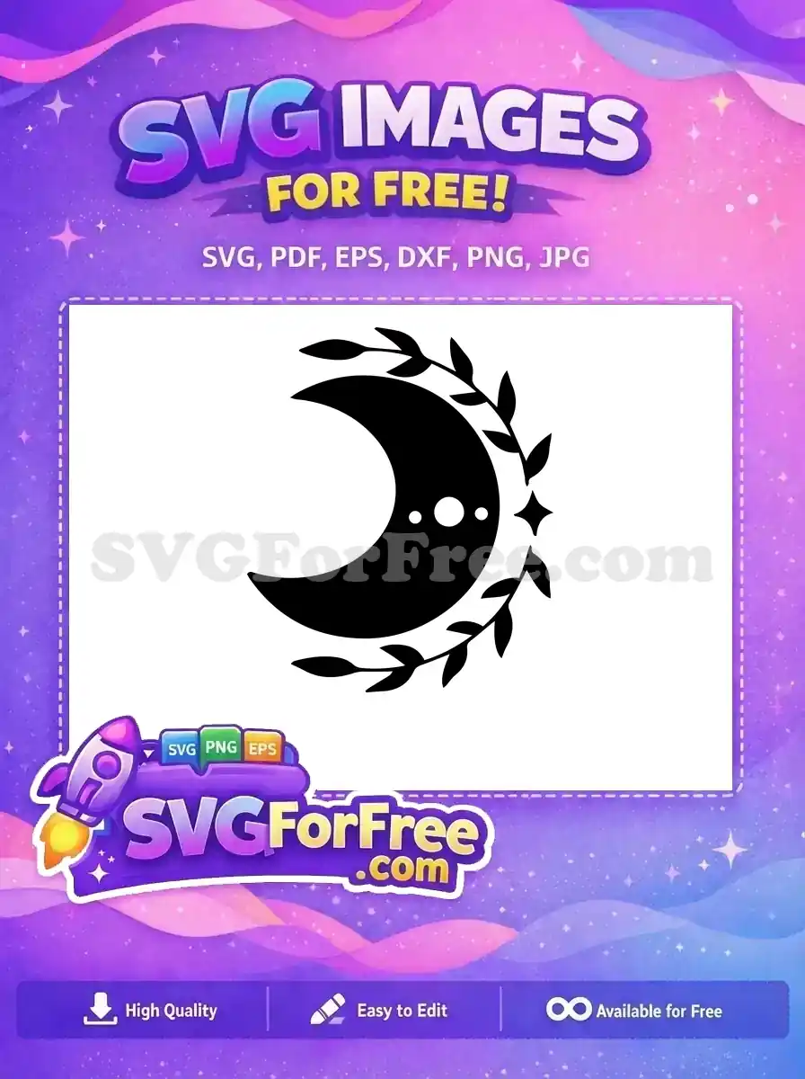 A beautiful free design featuring a black crescent moon with mystical eyes, adorned by elegant leaves and a star. This free SVG offers celestial charm.