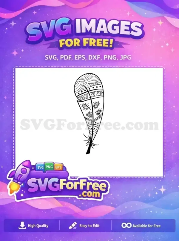 Free Tribal Feather Design SVG – Artistic & Detailed Vector Free intricate tribal feather SVG, featuring bold lines and diverse patterns, ideal for crafting unique designs.