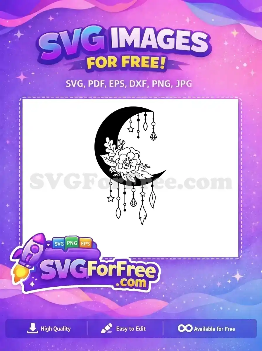 A free unique crescent moon adorned with a beautiful floral cluster and bohemian dangling elements. This free SVG is ideal for crafts.