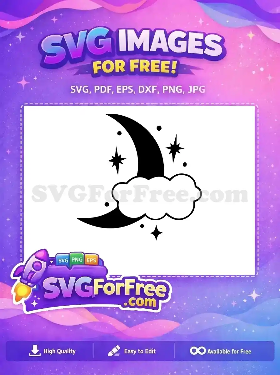 A beautiful free crescent moon, cloud, and stars SVG design, perfect for enchanting night sky themed projects. Download this free design!