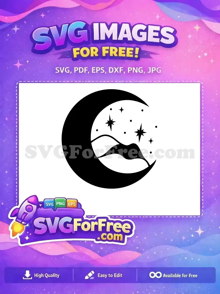 Free celestial crescent moon SVG featuring stylized mountains and twinkling stars, ideal for dreamy craft projects or digital art.