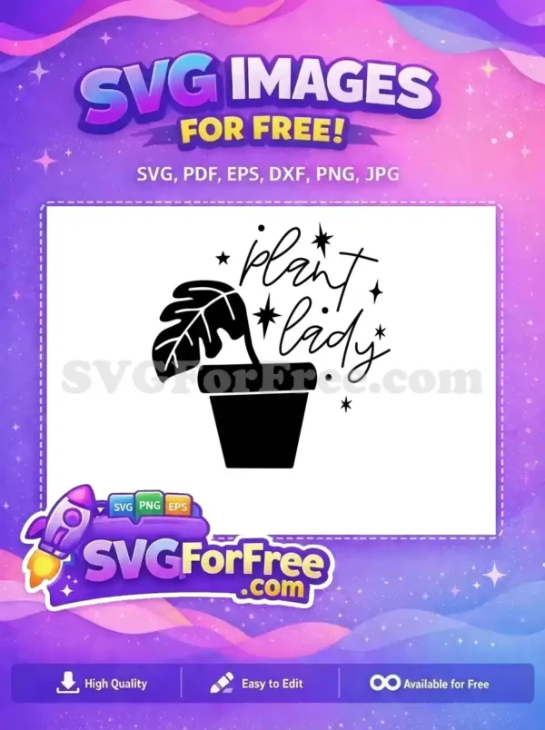 Free Plant Lady SVG Design – Charming Potted Plant Craft A free 'Plant Lady' SVG design featuring a potted plant with a large leaf and script text. This free craft file is ideal for gardening enthusiasts for personal use.
