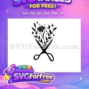 Free Magic Garden Scissors SVG Design – Celestial Crafting A free SVG of open scissors with blossoming flower, leaves, stars, and crescent moon in a magical, nature-inspired design. Ideal for crafters.
