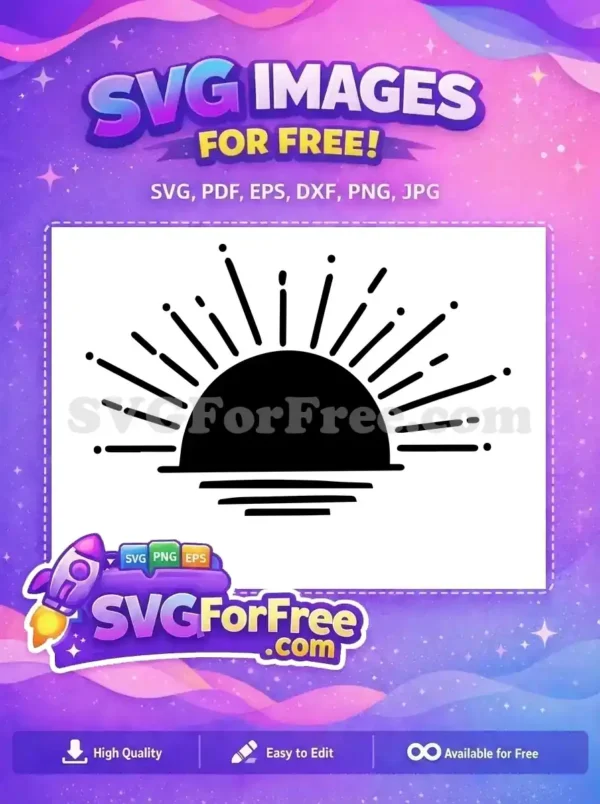 Free Sunrise Sunset SVG Design – Boho Minimalist Art. A free, stylish sunrise or sunset SVG icon featuring a bold half-circle and radiating lines over water. Perfect for any free design project.