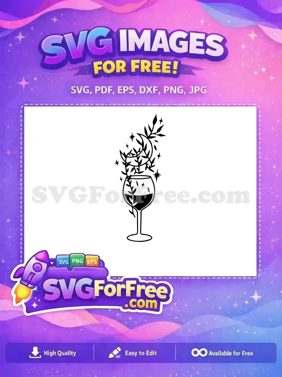 A free whimsical SVG of a wine glass overflowing with delicate vines and sparkling stars, ready for your creative projects. Download this free design!