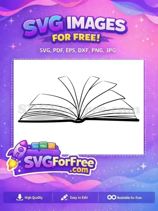 A free SVG of an open book with pages fanning out, symbolizing knowledge, learning, and storytelling. This free design is versatile.