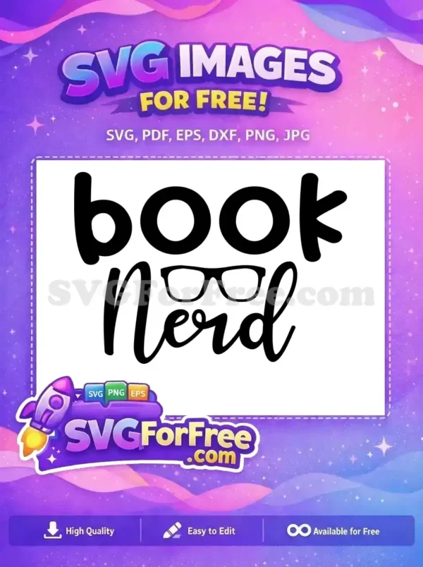 A free 'Book Nerd' SVG design featuring stylish eyeglasses, perfect for crafting projects. Download this complimentary graphic to celebrate reading.