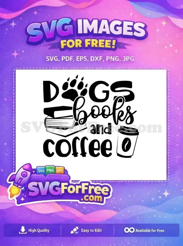 Free Dogs Books Coffee SVG Design – Perfect for Crafting A charming free SVG design for dog, book, and coffee enthusiasts, featuring a paw print, stacked books, and a coffee cup. Download this free file today!