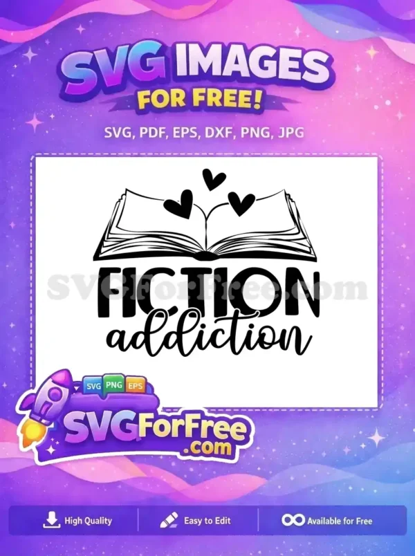 A black and white free SVG design featuring an open book with hearts and the text 'FICTION addiction'.