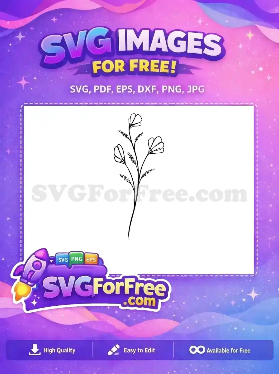A free line art SVG of a delicate flower stem with three stylized blooms and slender leaves, perfect for free craft projects.