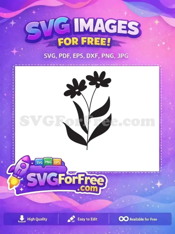 A minimalist free SVG design of a plant with two simple, five-petaled flowers and multiple leaves. Ideal for crafting.