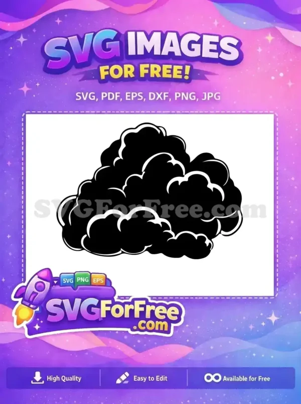 A free, dynamic black cloud or smoke SVG graphic, featuring bold outlines, ideal for various creative projects. Download this free vector now!