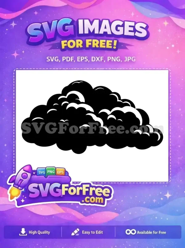 A striking free black cloud SVG with dynamic white highlights, perfect for weather, steam, or thought bubble designs. Download this free vector now!